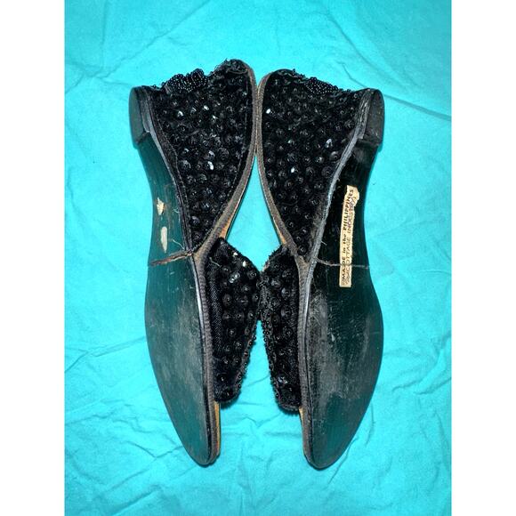 VINTAGE BLACK VELVET BEADED SEQUINED PEARL EMBELLISHED WEDGE SLIDES 7-8 - Picture 6 of 8